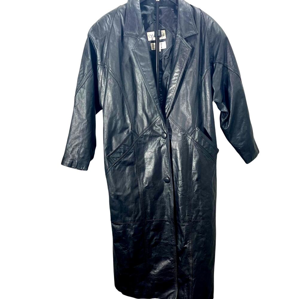 Vintage 1980s Silvercord Long Black Leather Trenchcoat Jacket Womens Small